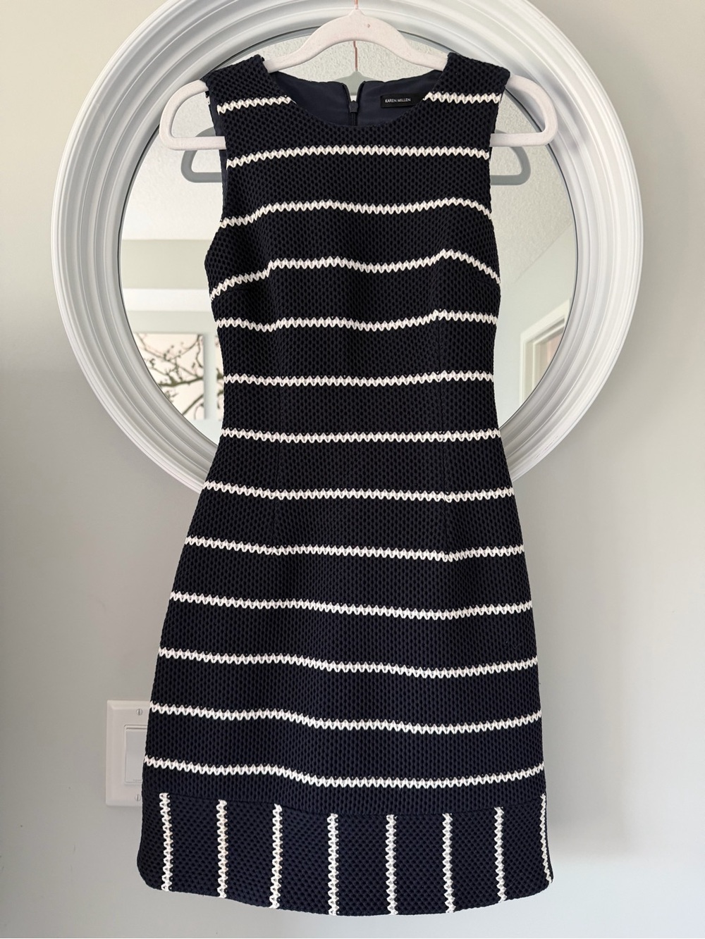 Karen Millen Navy and White Striped Sleeveless Knit Mini Dress